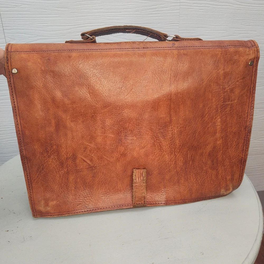 Vintage Brown Leather Briefcase: Handmade Moroccan Travel Bag, 1980s